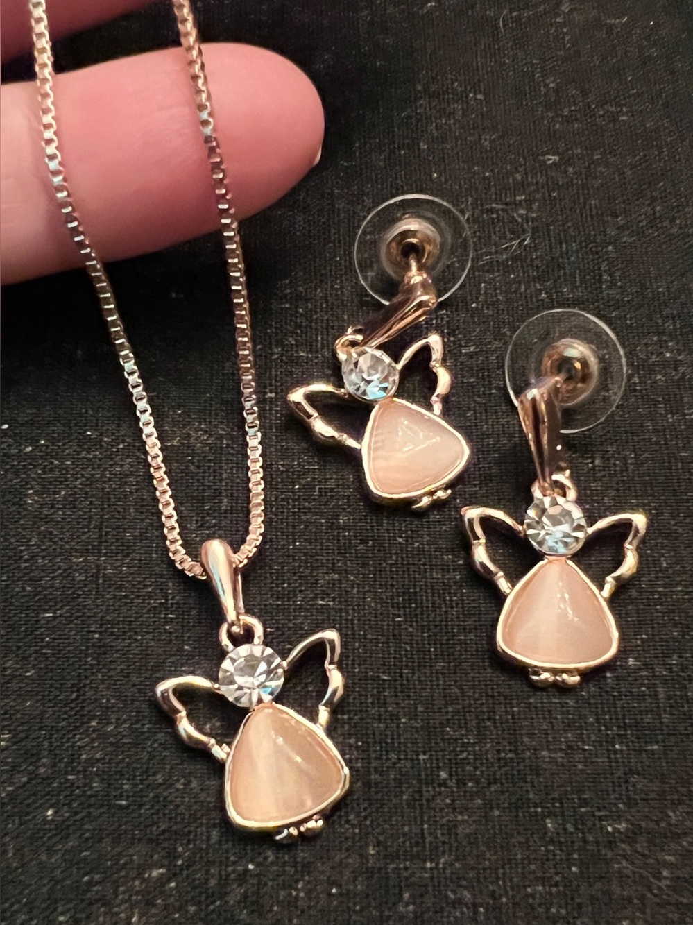 Rose Gold Plated Angel Pendant Necklace and Earrings Set 16" Chain